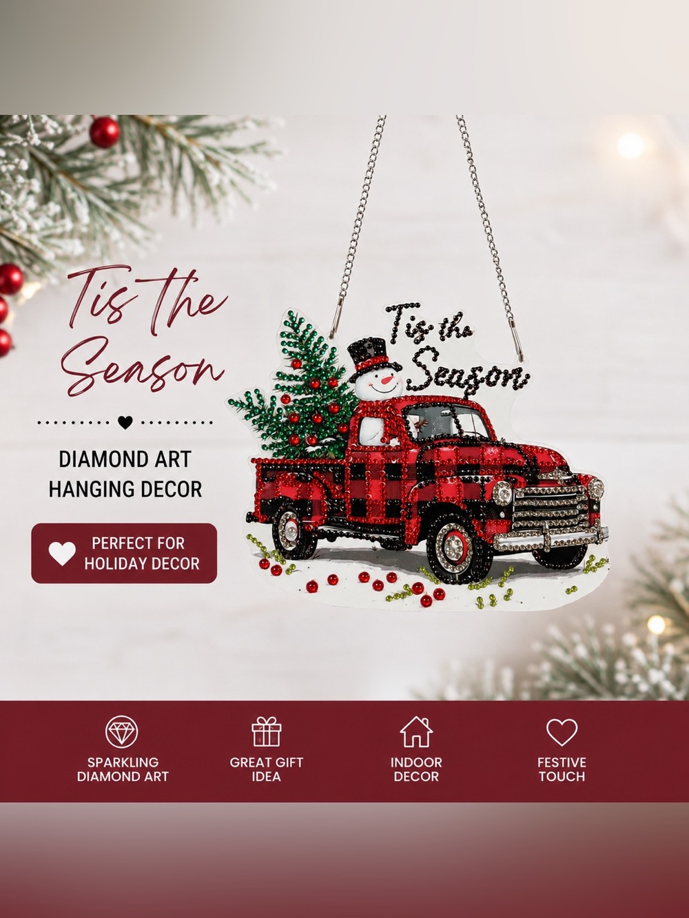 Diamond Art 'Tis the Season Red Plaid Truck Hanging Holiday Decor